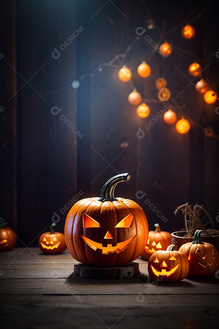 Abóbora brilhante de halloween mesa de madeira vazia