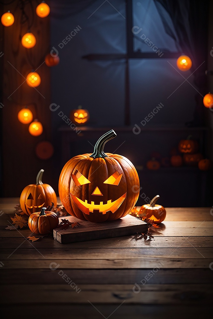 Abóbora brilhante de halloween mesa de madeira vazia