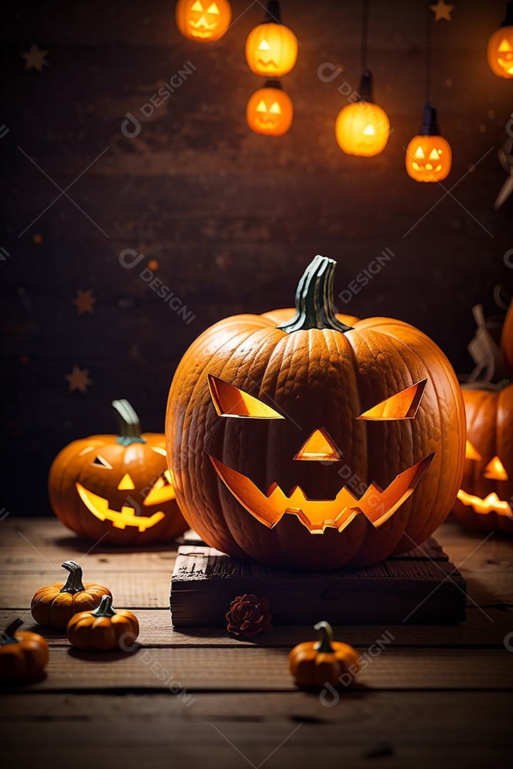 Abóbora brilhante de halloween mesa de madeira vazia