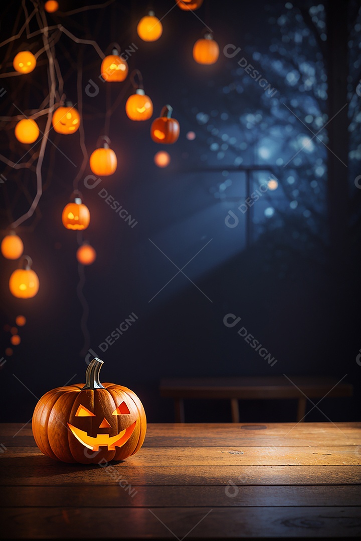 Abóbora brilhante de halloween mesa de madeira vazia
