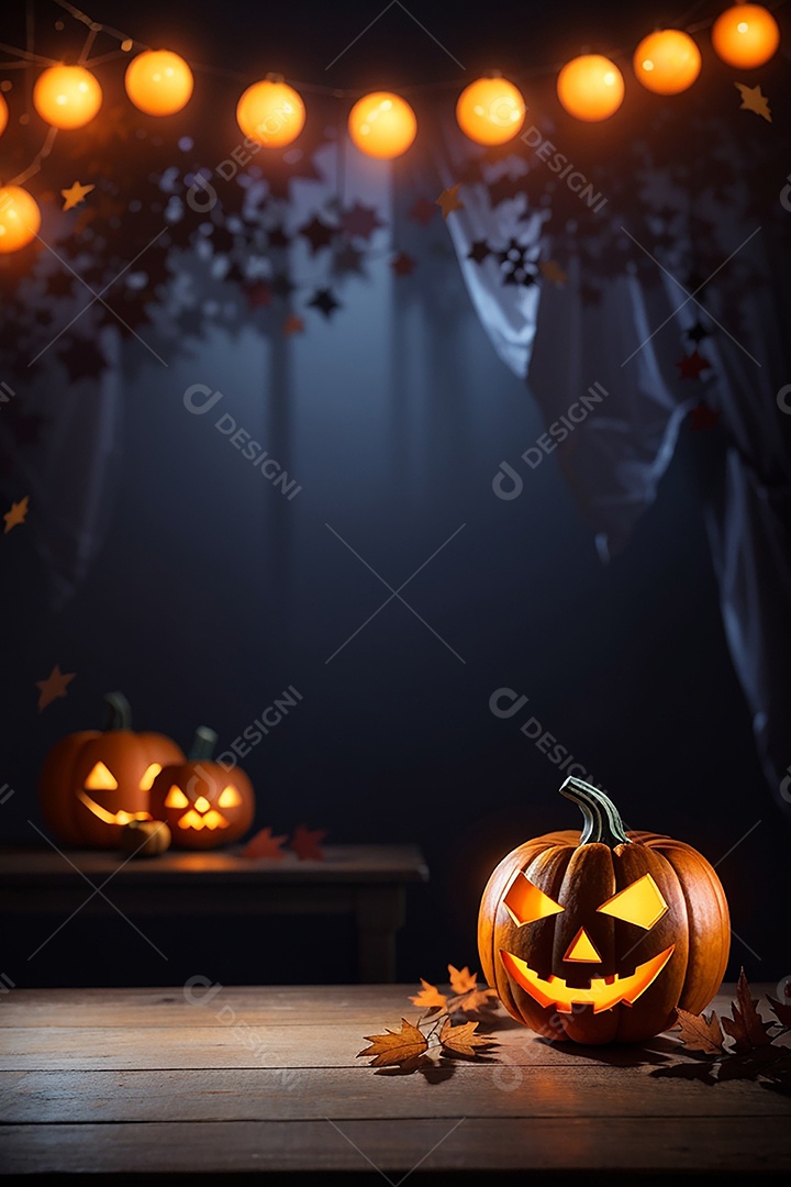 Abóbora brilhante de halloween mesa de madeira vazia