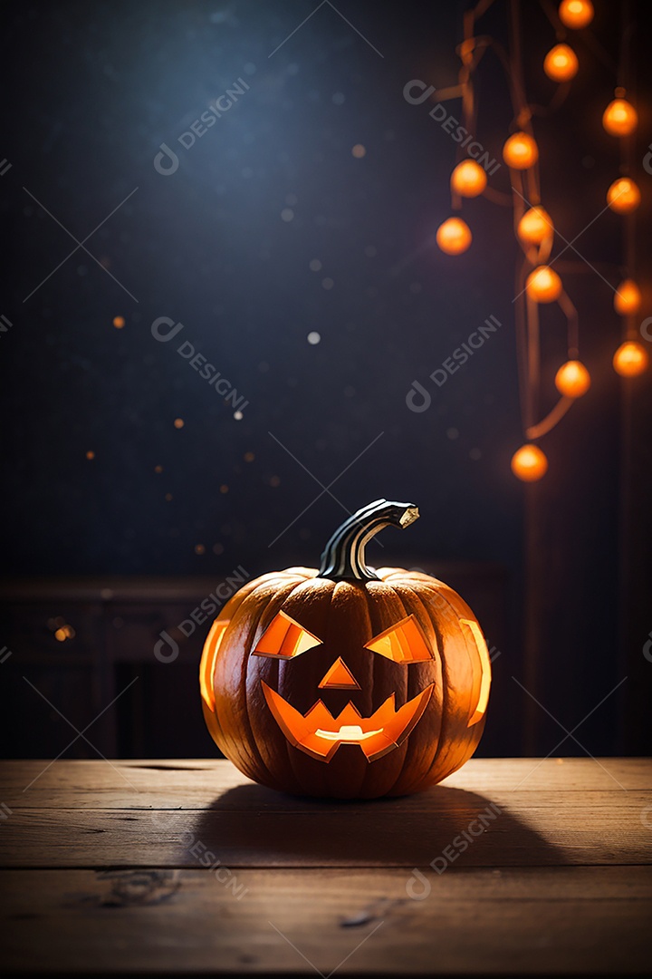 Abóbora brilhante de halloween mesa de madeira vazia
