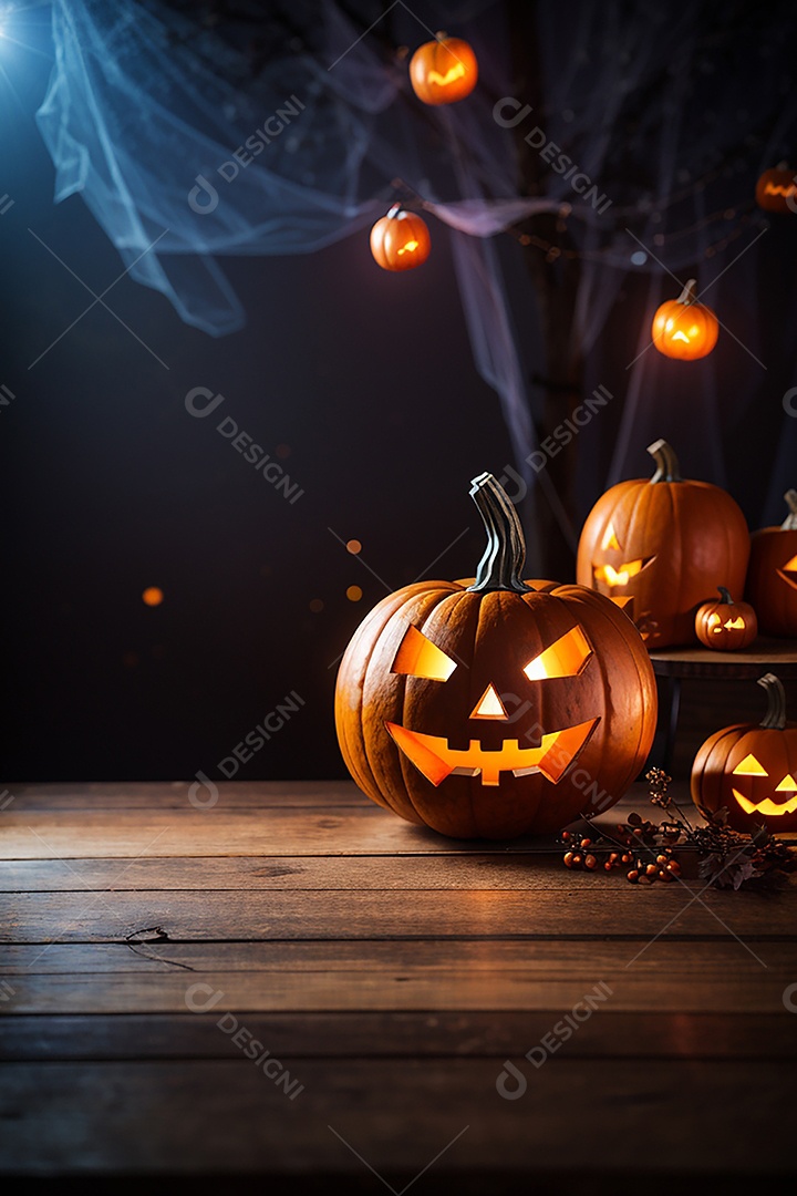 Abóbora brilhante de halloween mesa de madeira vazia