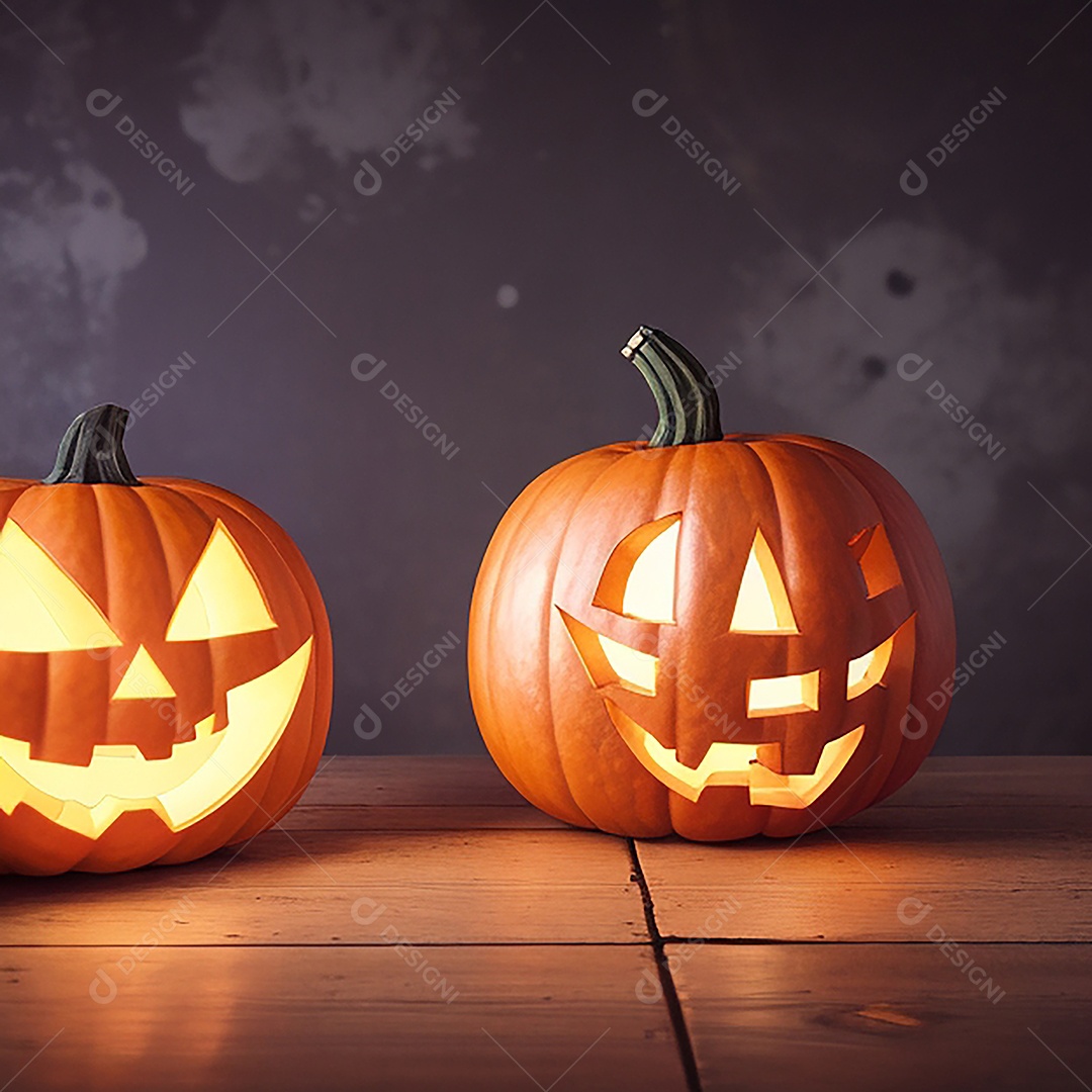 Abóbora brilhante de halloween mesa de madeira vazia