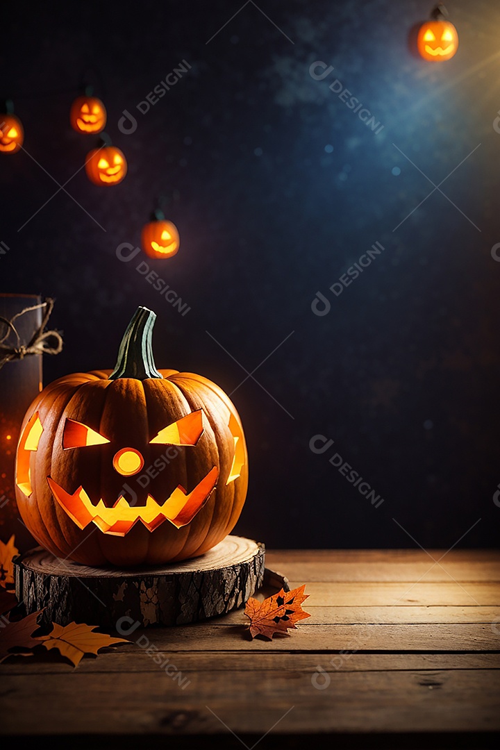 Abóbora brilhante de halloween mesa de madeira vazia