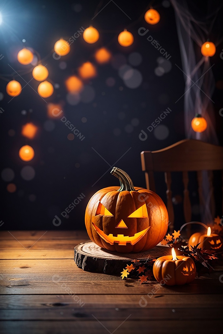 Abóbora brilhante de halloween mesa de madeira vazia
