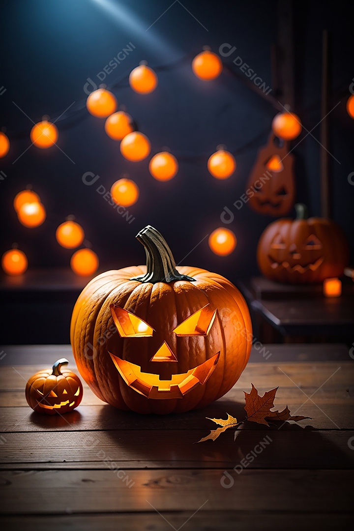 Abóbora brilhante de halloween mesa de madeira vazia