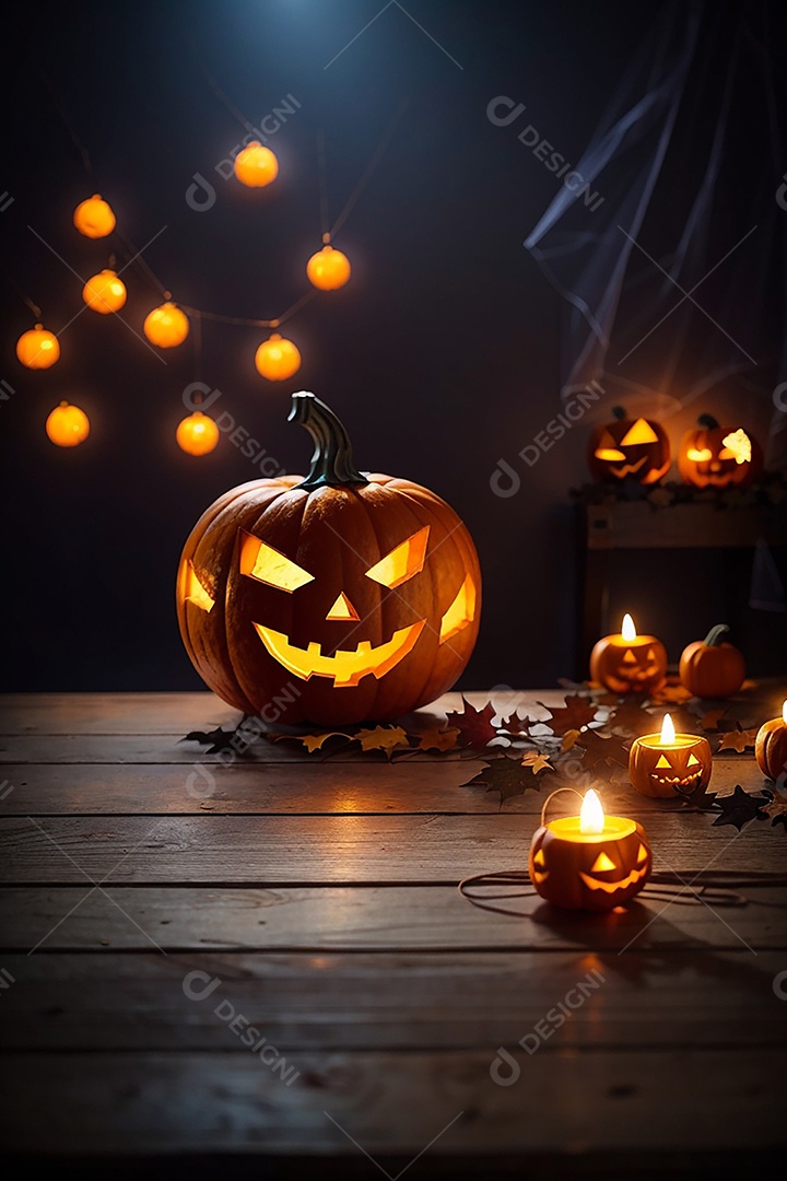 Abóbora brilhante de halloween mesa de madeira vazia