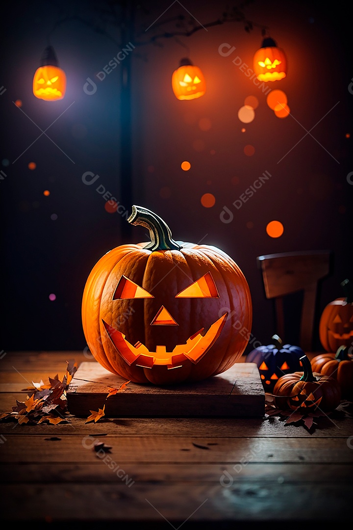 Abóbora brilhante de halloween mesa de madeira vazia