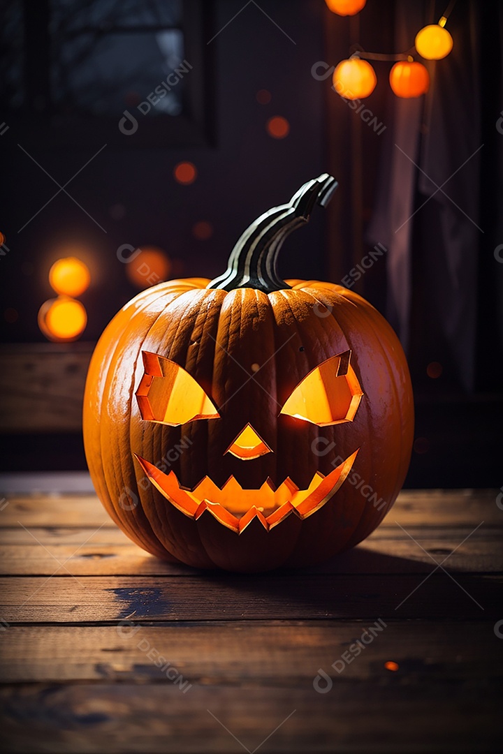 Abóbora brilhante de halloween mesa de madeira vazia