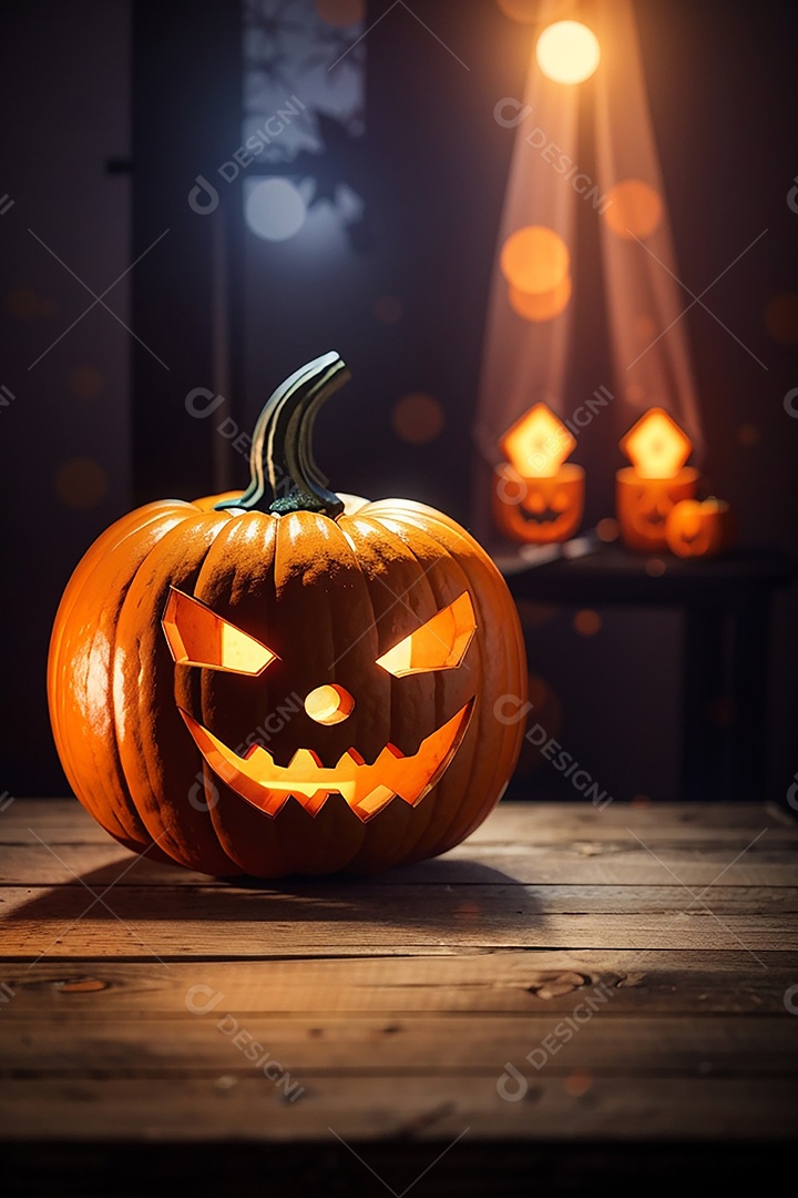 Abóbora brilhante de halloween mesa de madeira vazia