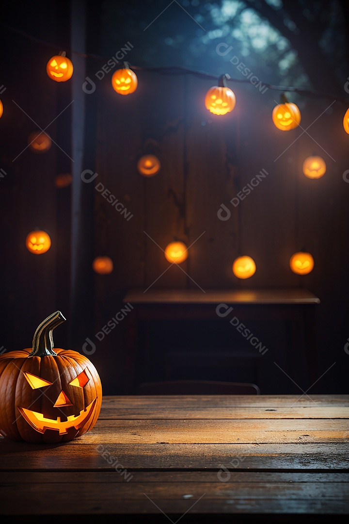Abóbora brilhante de halloween mesa de madeira vazia