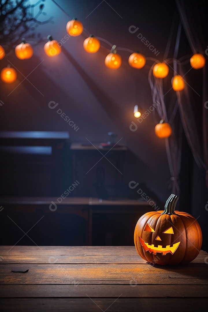 Abóbora brilhante de halloween mesa de madeira vazia