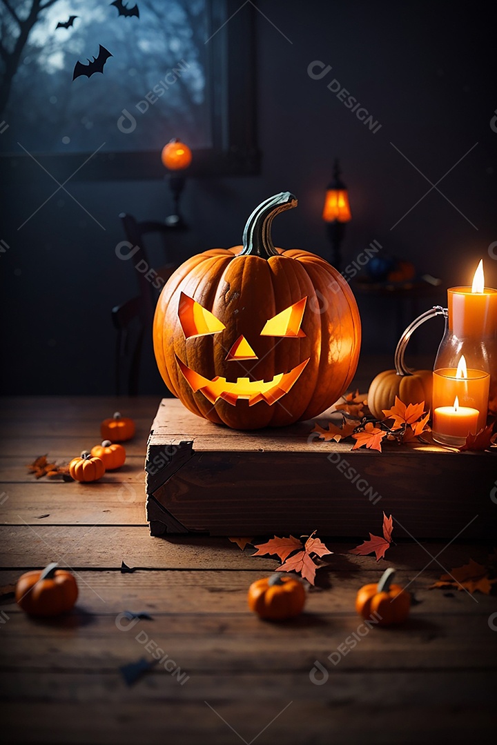 Abóbora brilhante de halloween mesa de madeira vazia