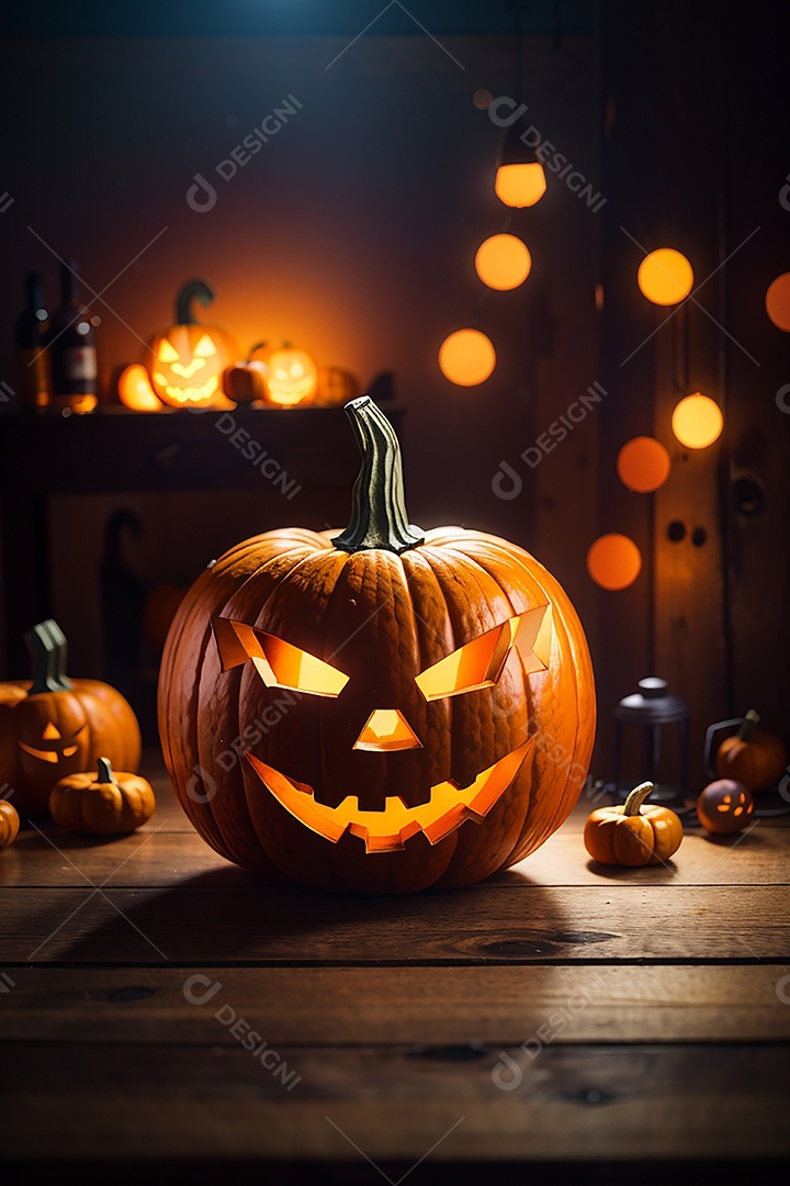 Abóbora brilhante de halloween mesa de madeira vazia