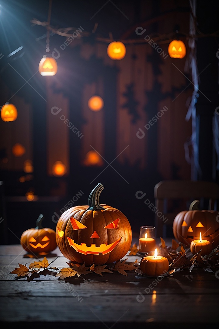 Abóbora brilhante de halloween mesa de madeira vazia