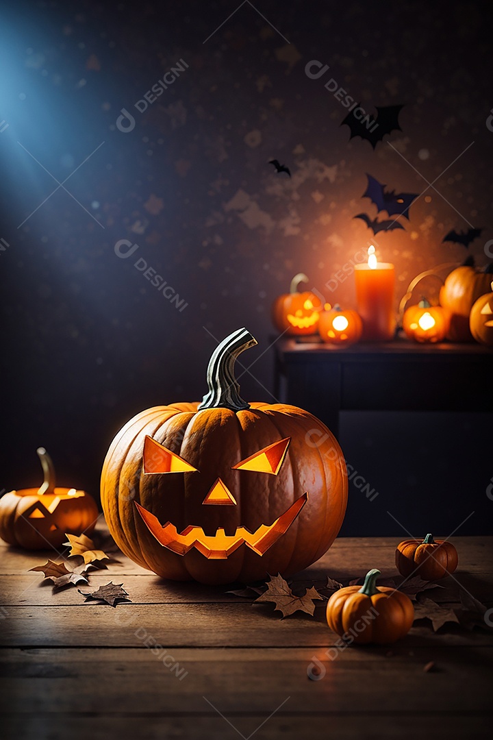 Abóbora brilhante de halloween mesa de madeira vazia