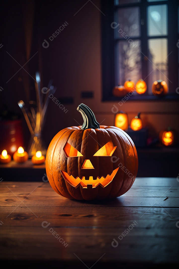 Abóbora brilhante de halloween mesa de madeira vazia