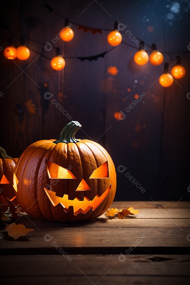 Abóbora brilhante de halloween mesa de madeira vazia