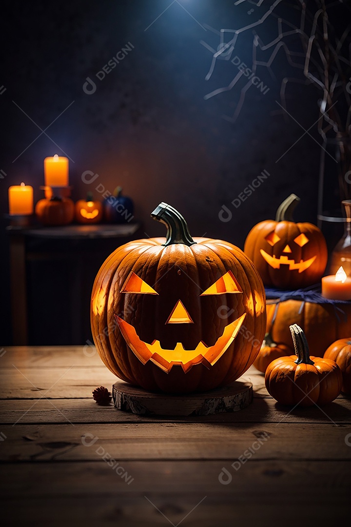 Abóbora brilhante de halloween mesa de madeira vazia