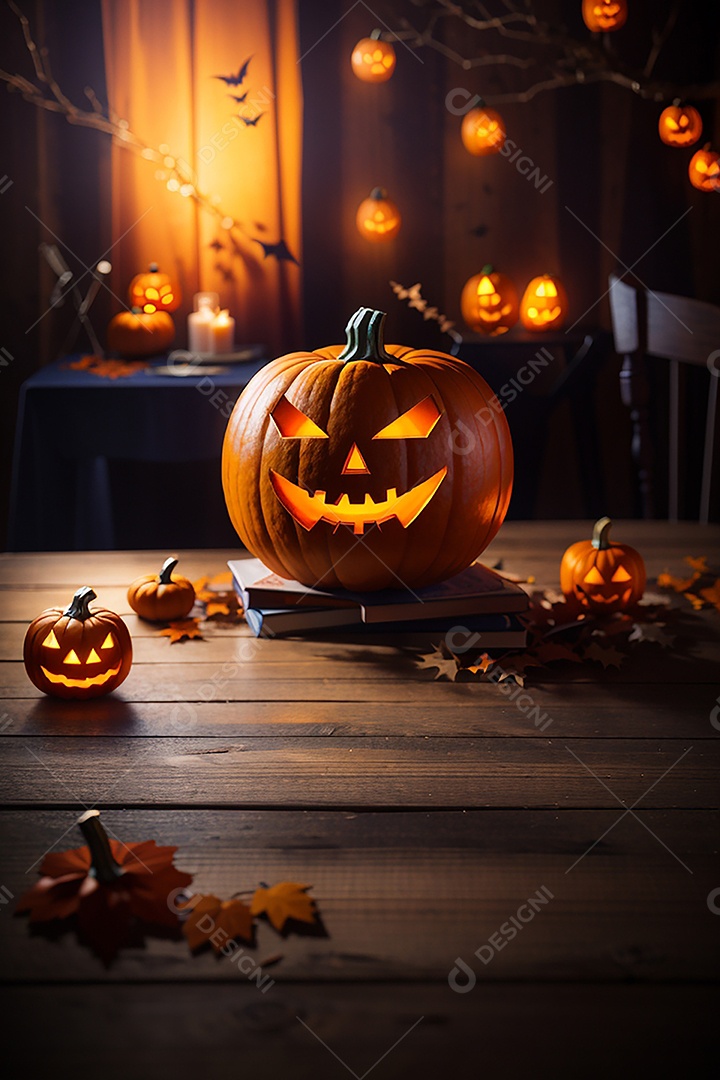 Abóbora brilhante de halloween mesa de madeira vazia