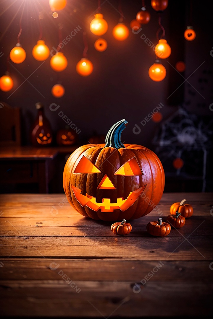 Abóbora brilhante de halloween mesa de madeira vazia