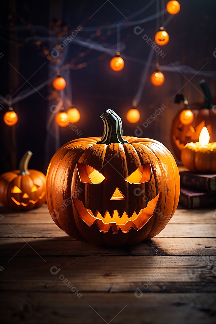 Abóbora brilhante de halloween mesa de madeira vazia