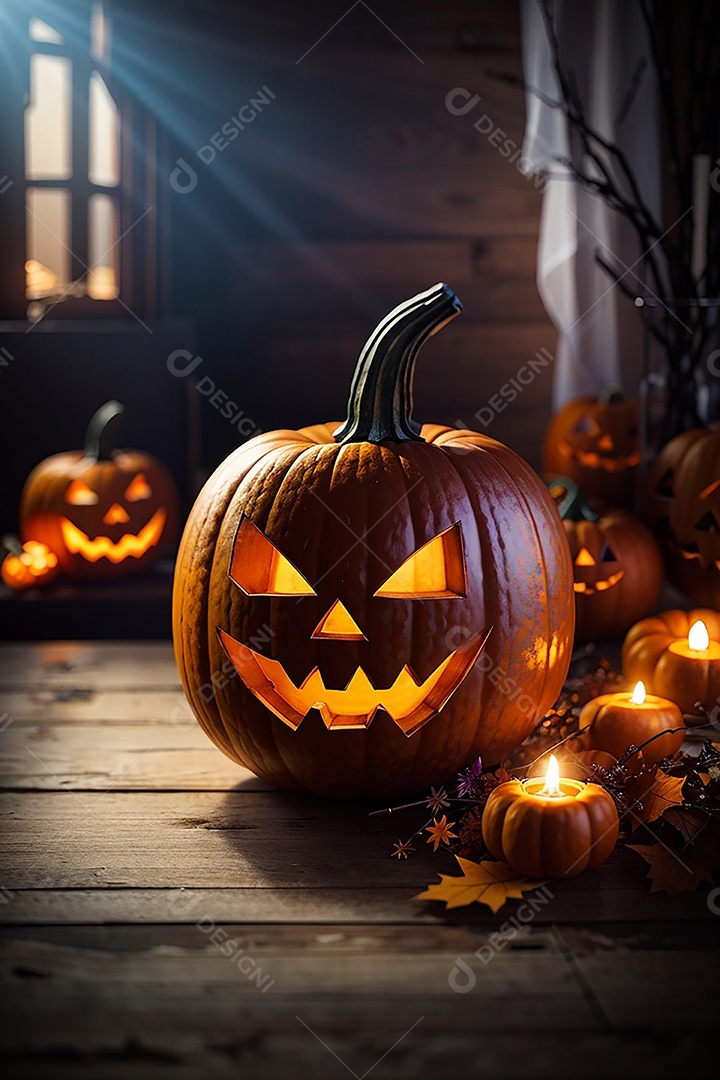 Abóbora brilhante de halloween mesa de madeira vazia