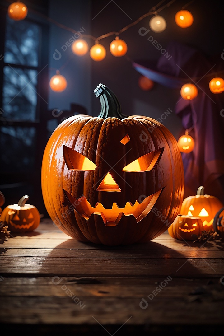 Abóbora brilhante de halloween mesa de madeira vazia