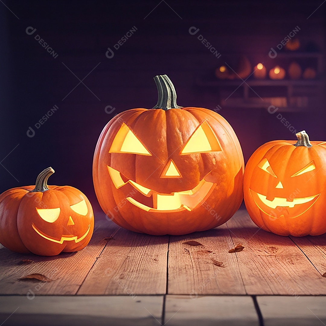 Abóbora brilhante de halloween mesa de madeira vazia