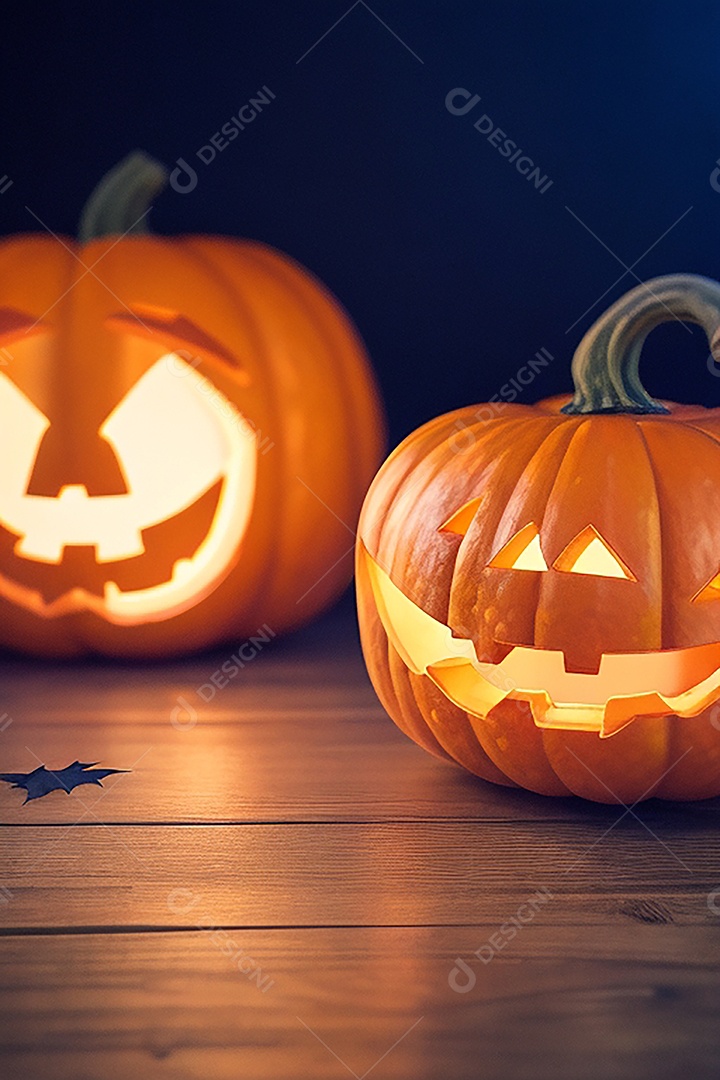 Abóbora brilhante de halloween mesa de madeira vazia