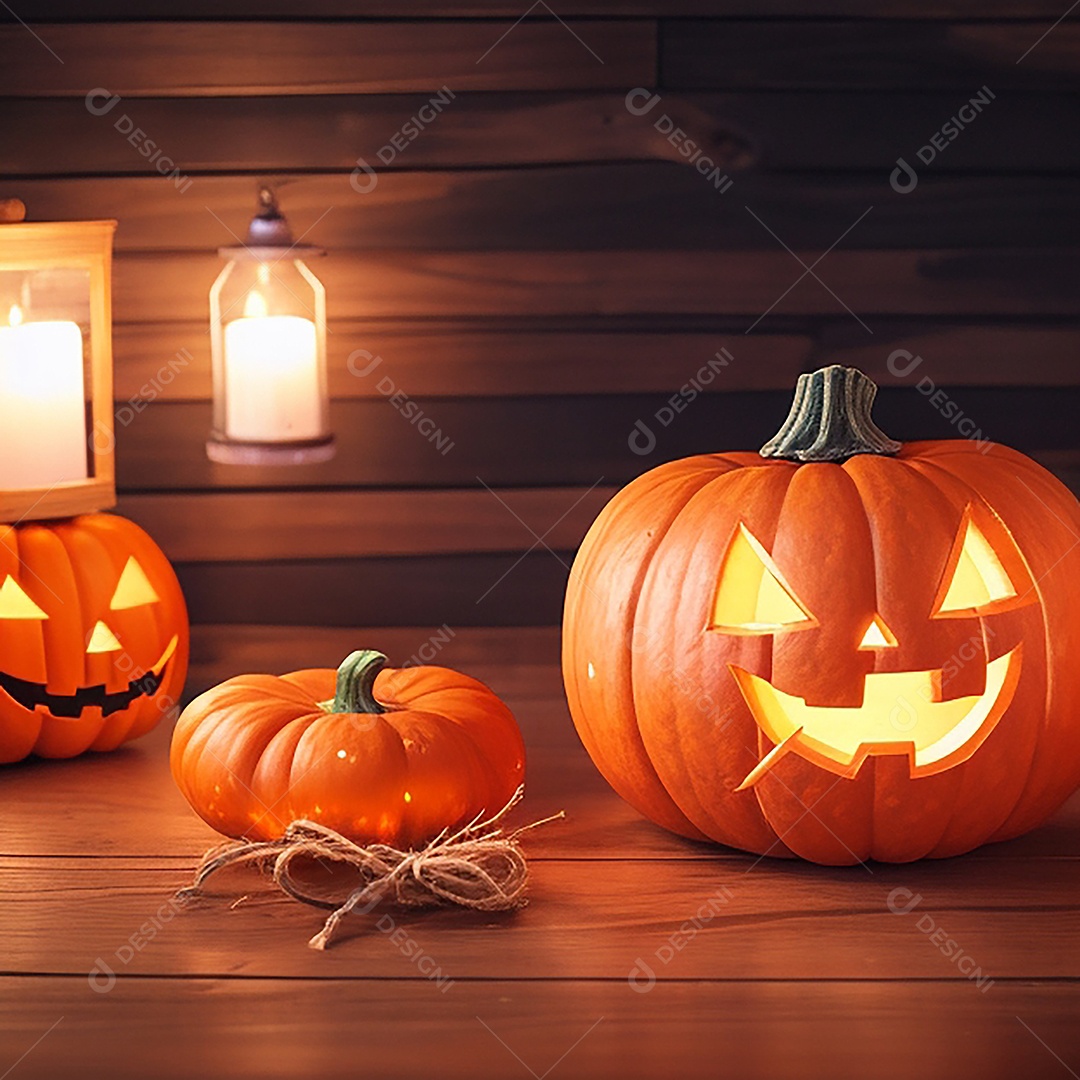 Abóbora brilhante de halloween mesa de madeira vazia