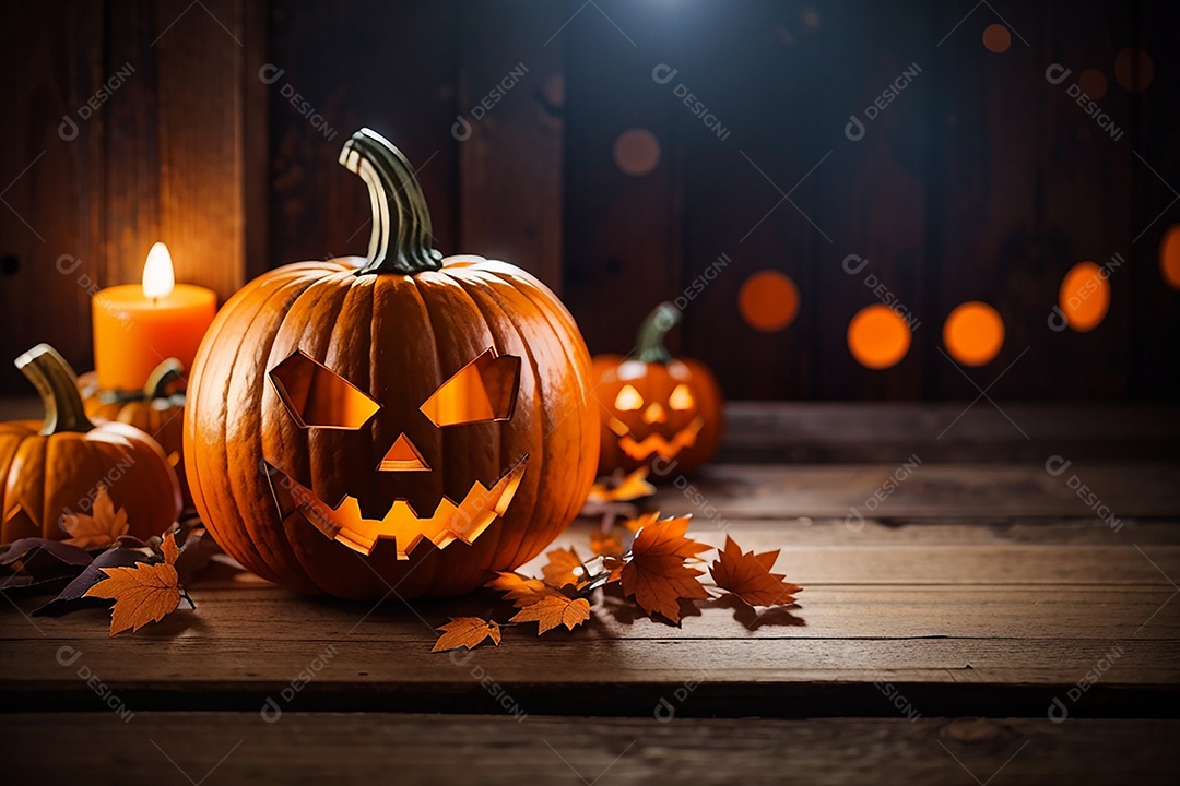 Abóbora brilhante de halloween mesa de madeira vazia