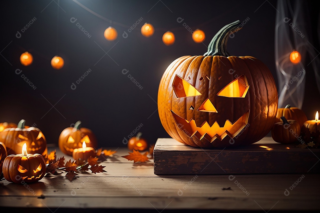 Abóbora brilhante de halloween mesa de madeira vazia