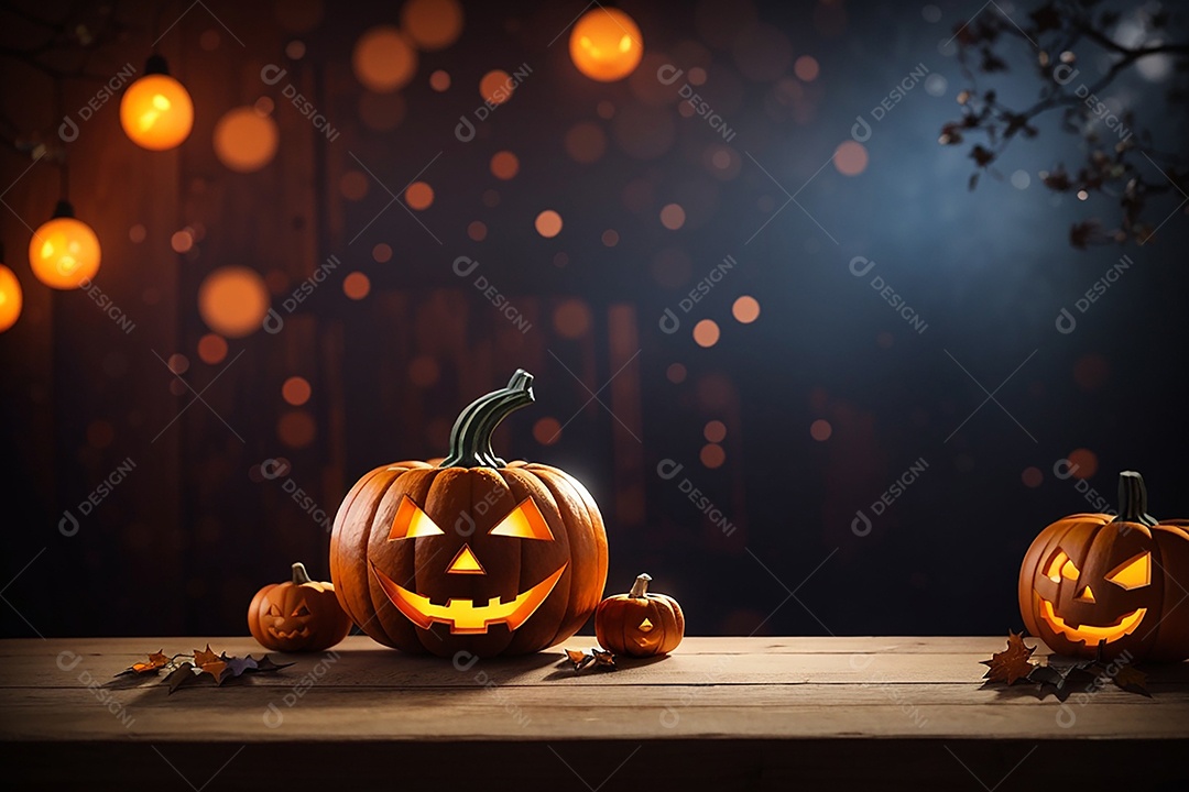 Abóbora brilhante de halloween mesa de madeira vazia