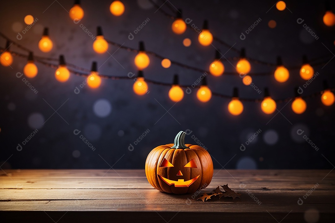 Abóbora brilhante de halloween mesa de madeira vazia