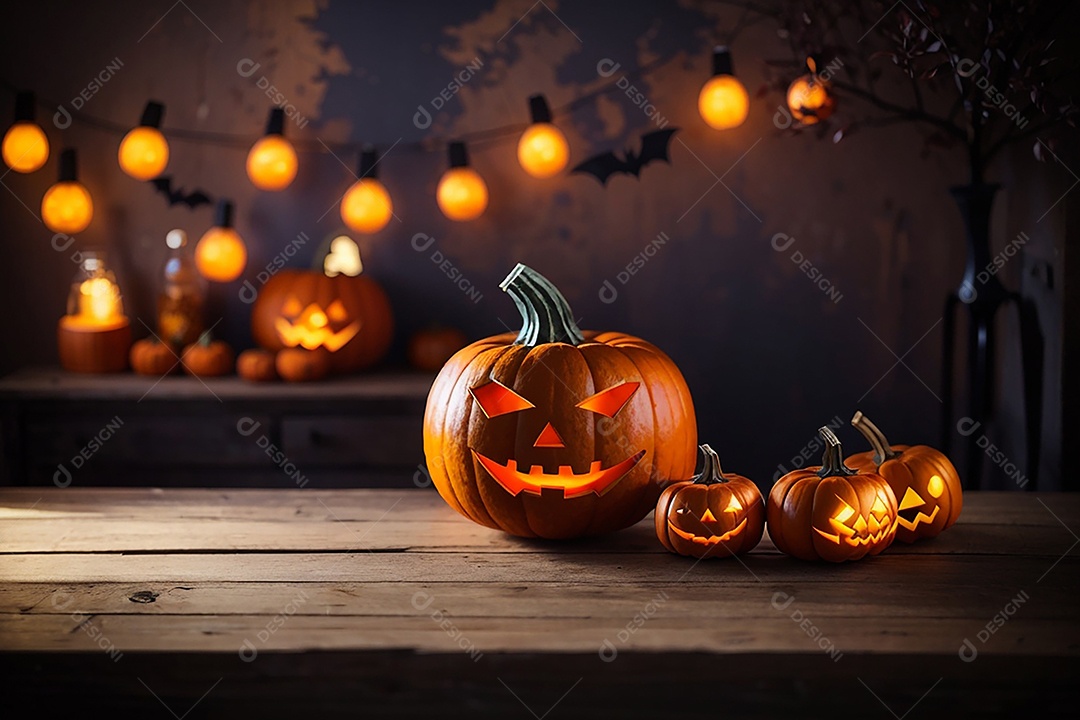 Abóbora brilhante de halloween mesa de madeira vazia