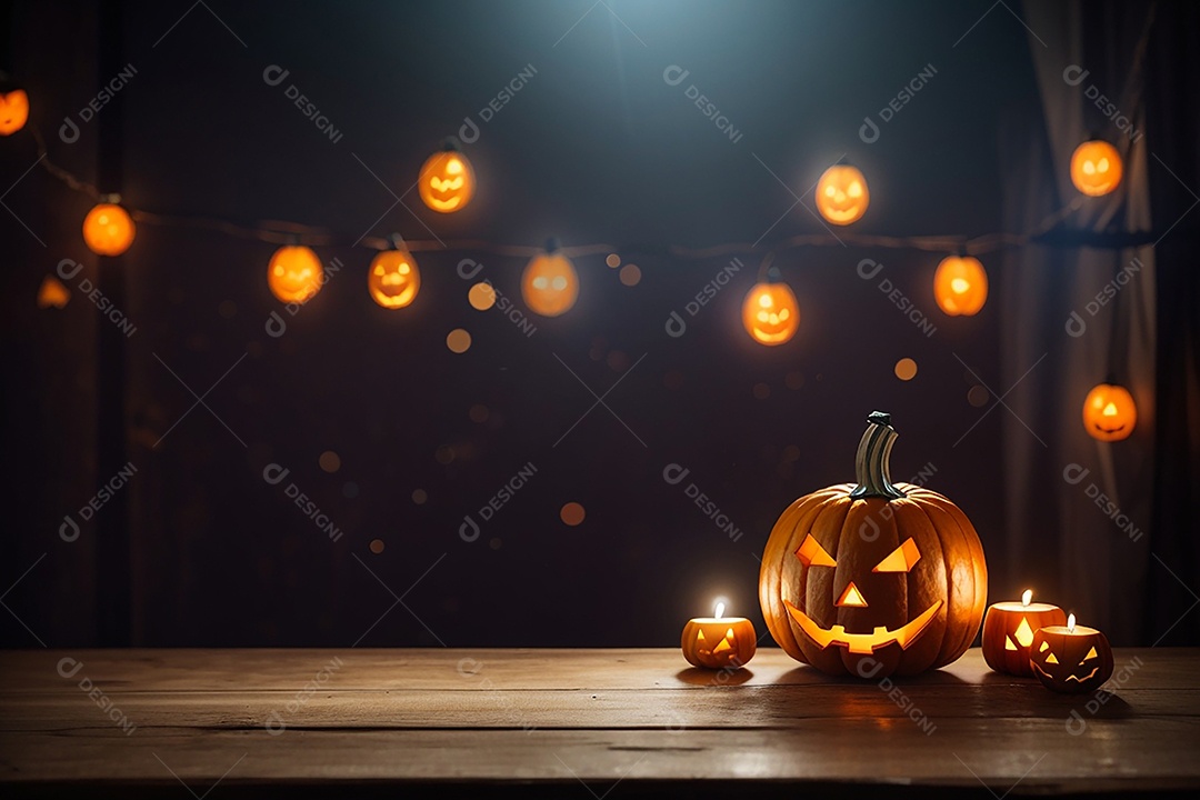 Abóbora brilhante de halloween mesa de madeira vazia