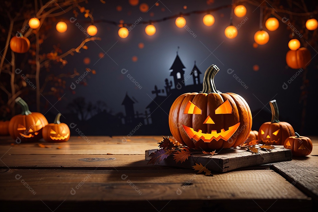 Abóbora brilhante de halloween mesa de madeira vazia