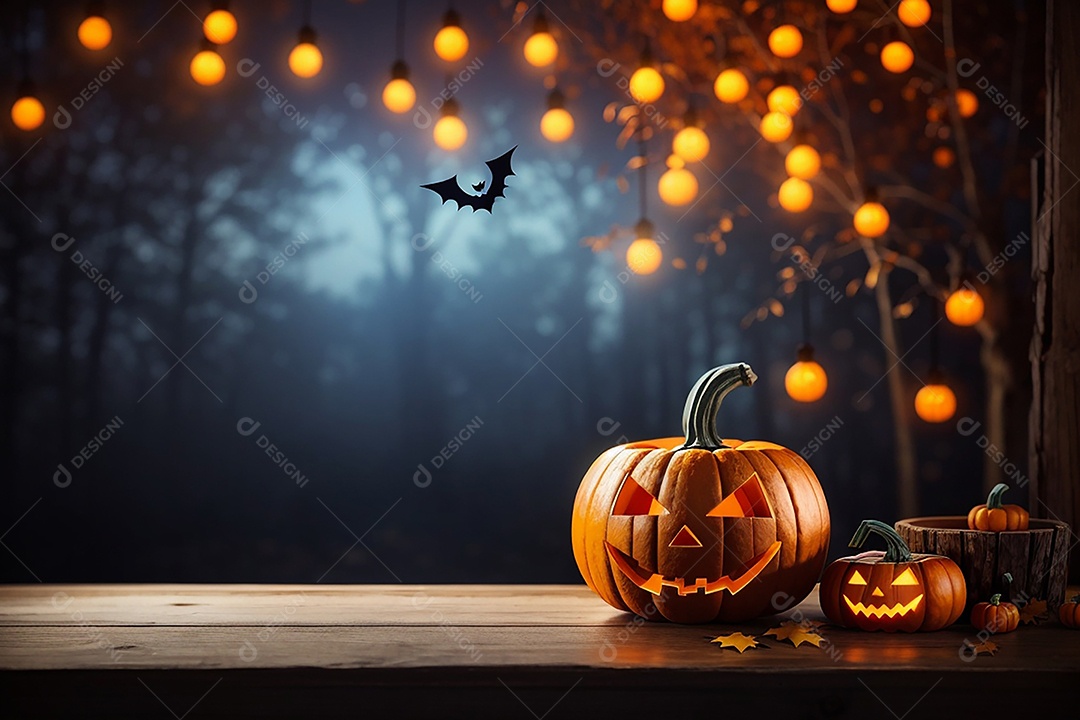 Abóbora brilhante de halloween mesa de madeira vazia