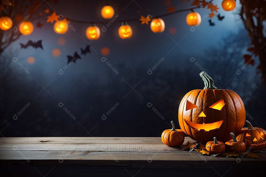 Abóbora brilhante de halloween mesa de madeira vazia