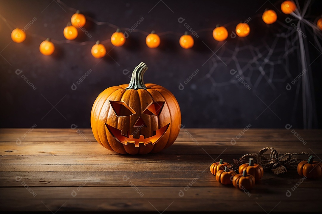 Abóbora brilhante de halloween mesa de madeira vazia