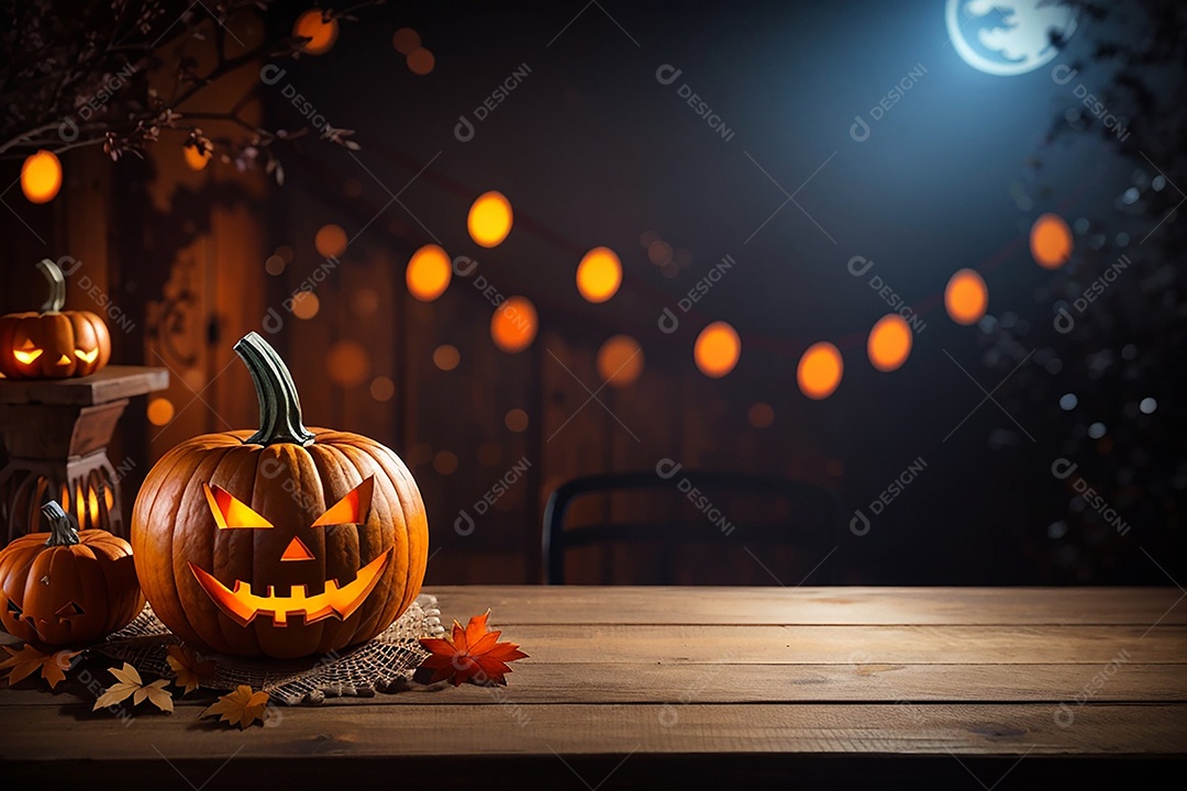 Abóbora brilhante de halloween mesa de madeira vazia