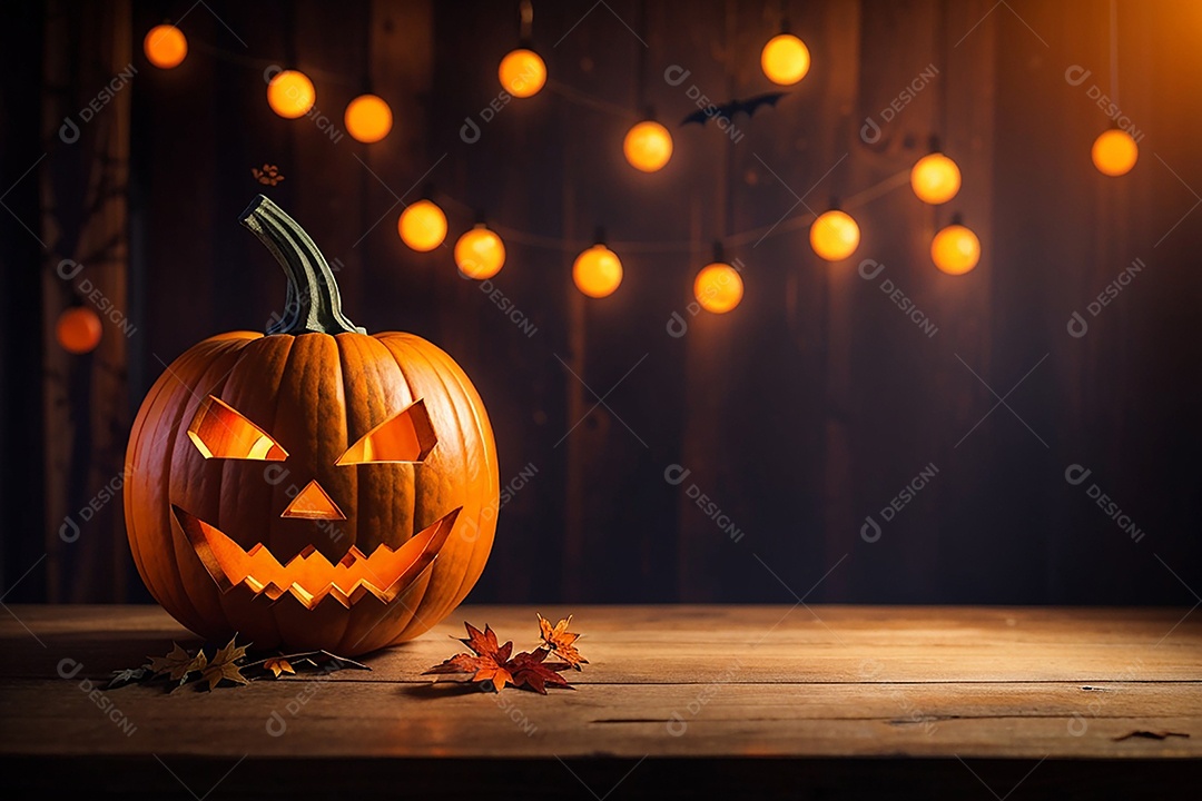 Abóbora brilhante de halloween mesa de madeira vazia