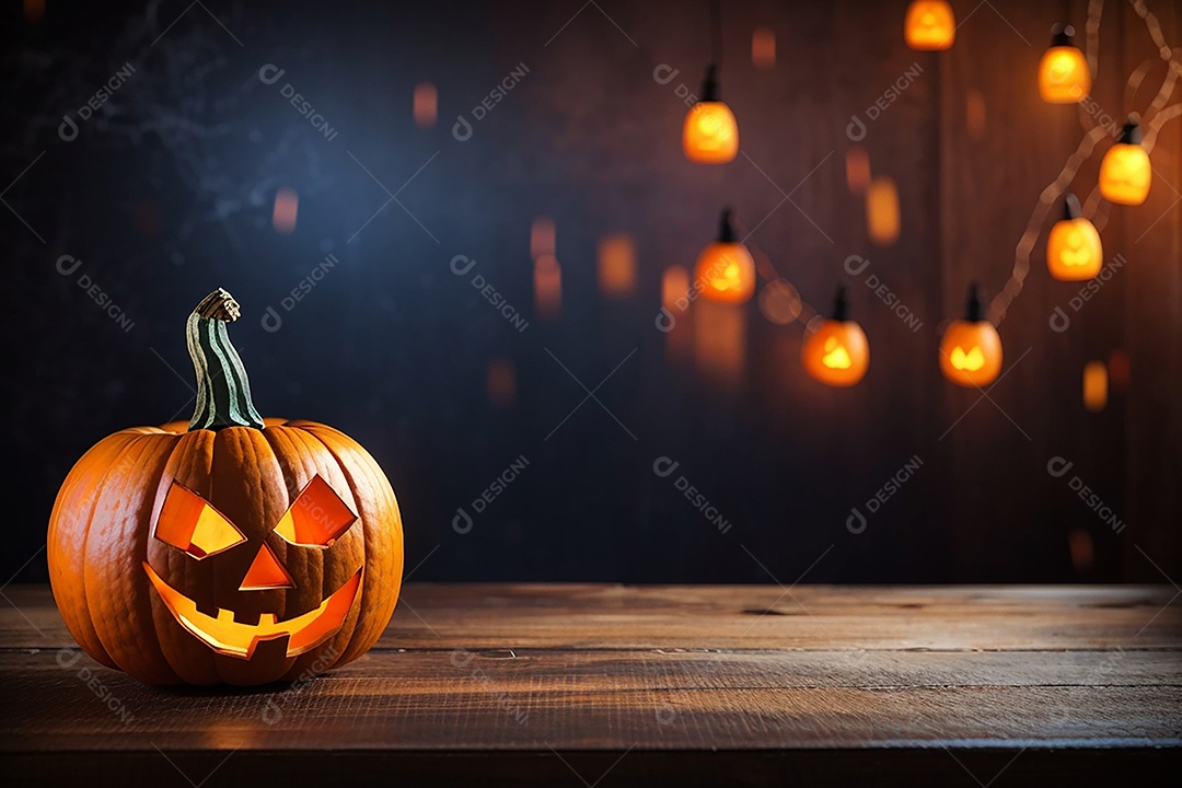 Abóbora brilhante de halloween mesa de madeira vazia