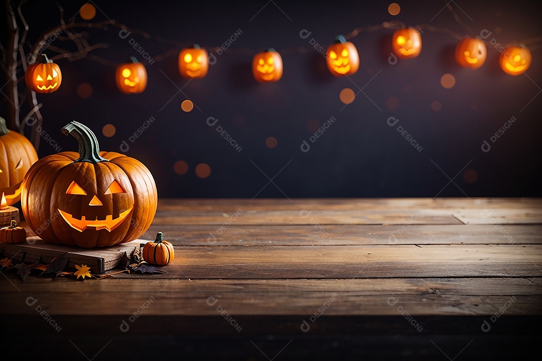 Abóbora brilhante de halloween mesa de madeira vazia
