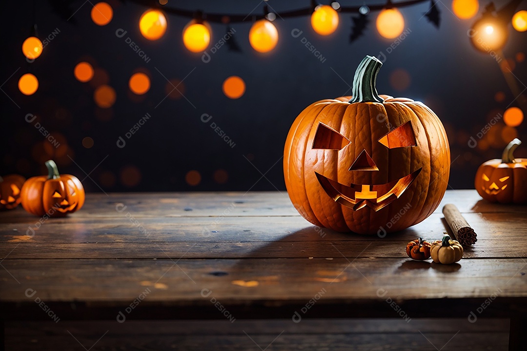 Abóbora brilhante de halloween mesa de madeira vazia