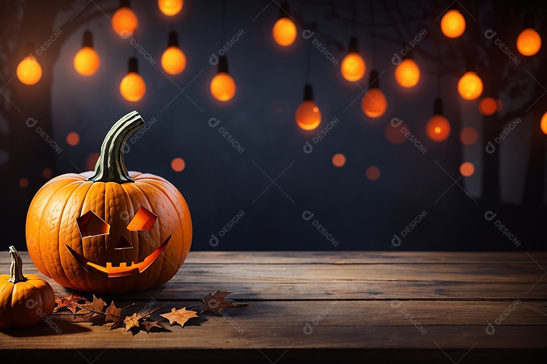 Abóbora brilhante de halloween mesa de madeira vazia