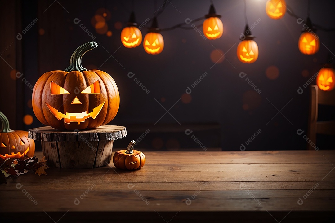 Abóbora brilhante de halloween mesa de madeira vazia