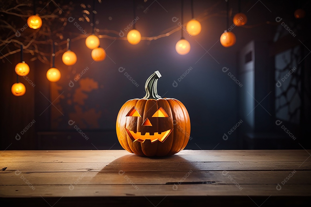 Abóbora brilhante de halloween mesa de madeira vazia